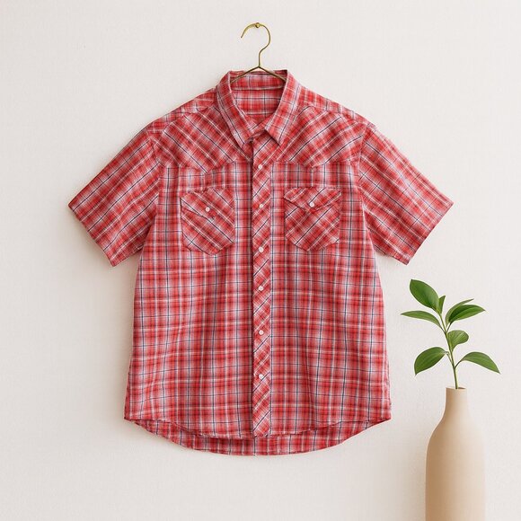 Wrangler Western Plaid Pearl Snap Shirt Men’s 2XL Red Short Sleeve Cowboy Style - Picture 1 of 10